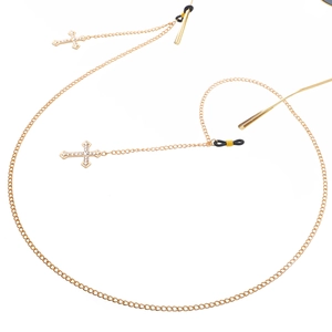 Golden anti-slip eyewear chain with rhinestone cross pendants and metal link structure
