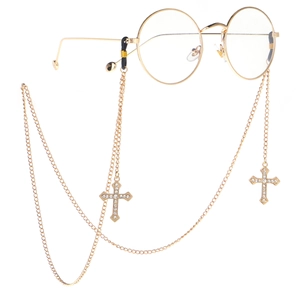 Golden round glasses with metal chain featuring rhinestone cross pendants