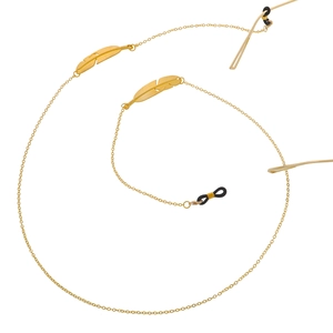 Golden metal eyewear chain featuring delicate feather charms and non-slip rubber loops