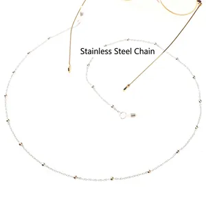 Polished stainless steel eyewear chain with decorative beads and silicone loops
