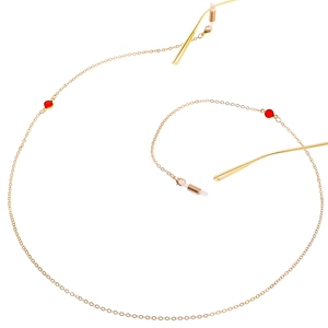 Golden Metal Glasses Chain With Red Acrylic Beads And Silicone Loops Anti-Lost Adjustable Minimalist Eyewear Strap