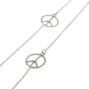 Elegant silver peace sign eyeglass chain with round cutout pendants on a simple metal link