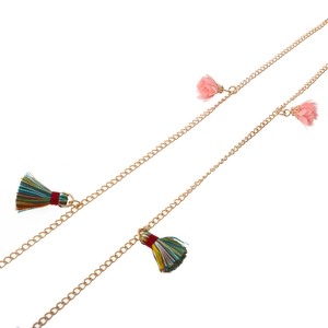 Bohemian gold metal eyewear chain with pink flower tassel and multicolor thread accents