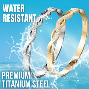 Waterproof gold and silver twisted titanium steel bangles with sparkling zircon inlay