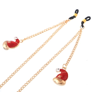 Golden non-slip eyewear chain with festive rhinestone red Santa hat charms on white background