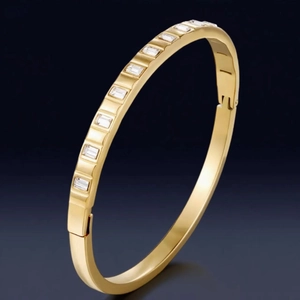 Stainless Steel Bangle Bracelet For Women With Rectangular Zirconia Inlaid Waterproof Non-Fading Fashion Jewelry