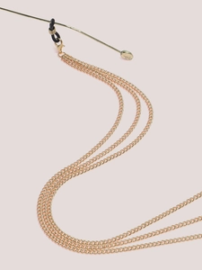 Detail of multi-layered gold non-slip glasses chain with lobster clasp and silicone loops
