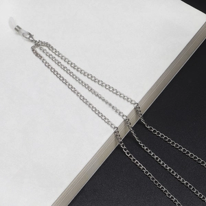 Three-layer silver metal eyeglass chain with non-slip rubber loops and lobster clasp