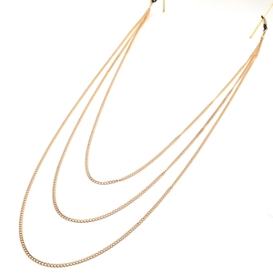 Three-layer golden metal eyewear chain with adjustable anti-slip hooks on white background