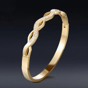 Stainless Steel Twisted Bangle Bracelet With Paved Rhinestones Crossed Hollow Geometric Fashion INS Style Jewelry For Women