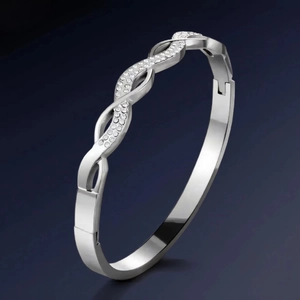 Stainless Steel Crossover Twisted Bangle Full Rhinestone Hollow Geometric Fashion Jewelry For Women