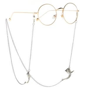 Chaîne de lunettes argentée avec pendentif tulipe et lunettes dorées rondes en métal