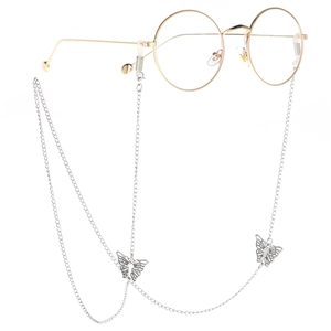Retro gold round glasses with detachable silver butterfly pendant chain accessory