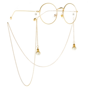Gold metal round frame glasses with pearl pendant chain accessory on white background