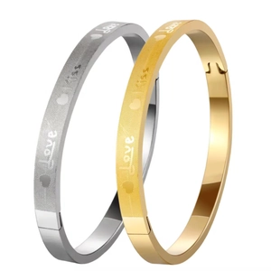 Polished stainless steel men's bracelets with Love Kiss engraving in silver and gold colors