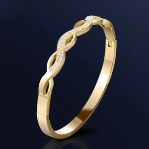 Hollow Cross Twist Bangle Stainless Steel Pavé Rhinestone Geometric Elegant Fashion Bracelet For Women With Side Clasp