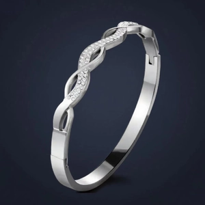 Stainless Steel Bangle Bracelet For Women Twisted Woven Design Micro Paved Rhinestones Elegant Geometric Jewelry