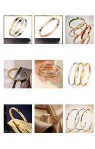 Detailed grid showing stainless steel bracelets with screw designs and clover patterns