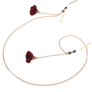 Golden eyewear chain with deep red 3D fabric rose accents and rubber anti-slip loops