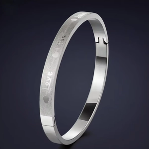 Stainless Steel Bangle Bracelet Love Kiss Heart Engraved Matte Brushed Mirror Polish Hinged Fashion Jewelry