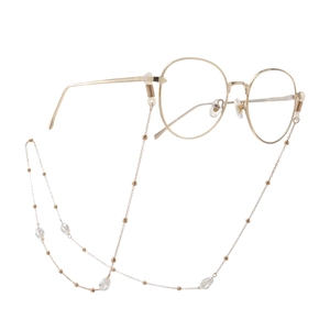 Golden round frame glasses with decorative beaded chain and transparent drop pendants