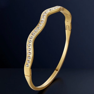 Luxury Wave Shaped Hinged Bracelet Stainless Steel With Zirconia Inlaid Fashion Jewelry For Women Elegant