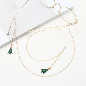 Golden non-slip eyewear chain with green Christmas tree pendants and silicone loops