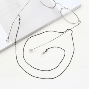 Black metal bead eyewear chain with anti-slip hooks and pearl detail on white background