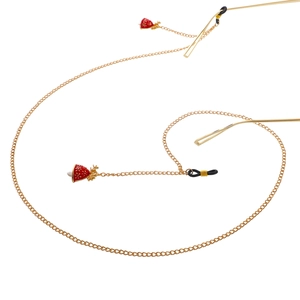 Golden eyeglass chain featuring red bell pendants and non-slip rubber loop connectors