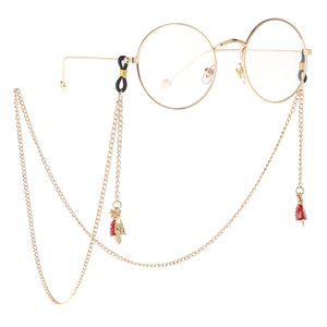 Golden round metal glasses with anti-slip chain featuring festive red bell pendants