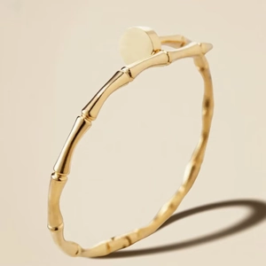 Detail of 18K gold stainless steel bracelet featuring a bamboo joint design and smooth disk