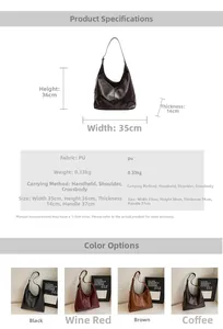 Detailed size and specs of the large PU leather hobo tote bag with color options