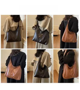 Detail shots of large tote bags in coffee and caramel leather shown on a model