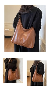 Three-angle view of brown vintage hobo bag with sleek finish and central vertical stitching