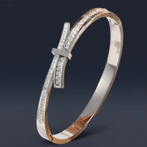 Stainless Steel Bangle For Women With Bow Design And Paved Zirconia Trendy Elegant Jewelry Accessory
