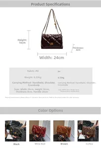 Detailed size chart and specifications for the quilted PU leather chain shoulder bag