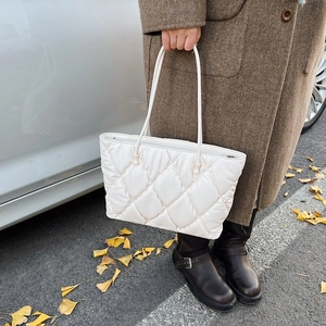 Chic white quilted tote bag with diamond pattern for women winter fashion shoulder carry