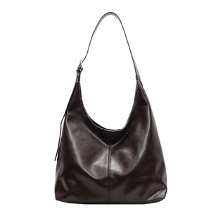 Large dark brown PU leather hobo tote bag with adjustable shoulder strap and center stitching