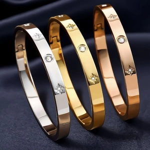Eight Pointed Star Rhinestone Bangle Bracelet Stainless Steel Starburst Hinged Elegant Fashion Jewelry For Women