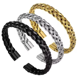 Three-color woven stainless steel twist cable bangles in gold, silver, and black finishes