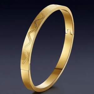 Stainless Steel Bangle Bracelet With Wavy Etched Texture Hinge Clasp Geometric Design For Women Elegant Jewelry