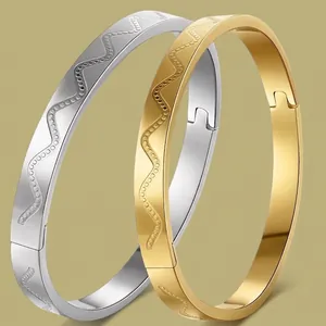 Polished stainless steel cuff bracelets with wavy relief texture in gold and silver