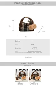 Detailed view of plaid plush handbag with cherry charm including size 23x13x10cm chart