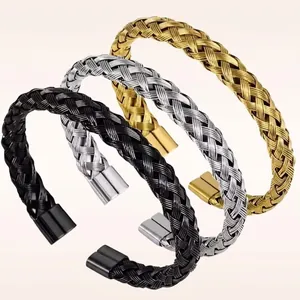 Three-color twisted cable open cuff bracelets in gold, silver, and black stainless steel