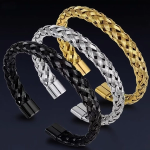 Men Stainless Steel Twisted Braided Wire Open Cuff Bangle Simple Versatile Metal Woven Bracelet Fashion Jewelry