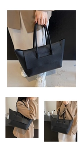 Détails du sac cabas en cuir grainé noir avec demi-rabat et longues anses