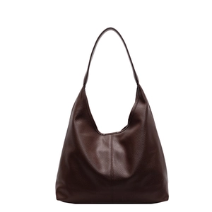 Large dark brown soft leather hobo tote bag with pebble grain texture and shoulder strap