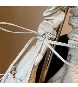 Detail of a beige dumpling bag featuring a drawstring bow, pleated fabric and silver zipper