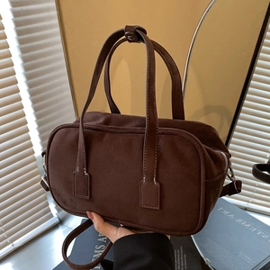 Women Retro Boston Handbag Suede Texture PU Leather Shoulder Crossbody Bag Contrast Stitching Minimalist