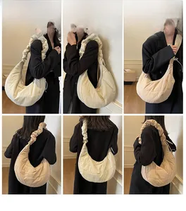 Detailed views of a cream crescent quilted shoulder bag shown on a model from various angles